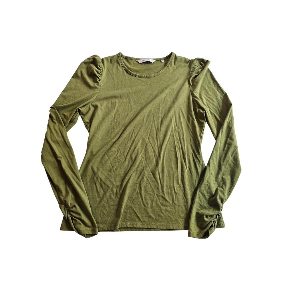 Rebecca Taylor Puff Sleeve Top Women L Olive Green Ruched Knit Long‎ Sleeve Tee